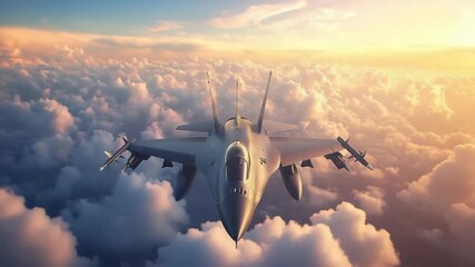 Sleek futuristic aircraft glides through radiant clouds with advanced aerodynamic design, representing speed, technology, and innovation. Perfect symbol of exploration, defense, and modern engineering