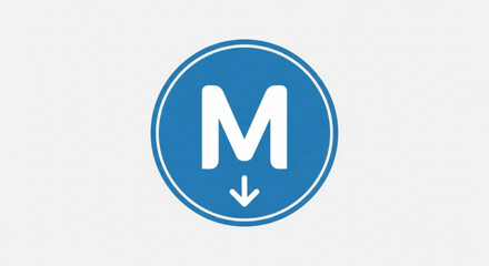 Blue circle with the letter m and a downward arrow, symbolizing download, media, or a mobile app