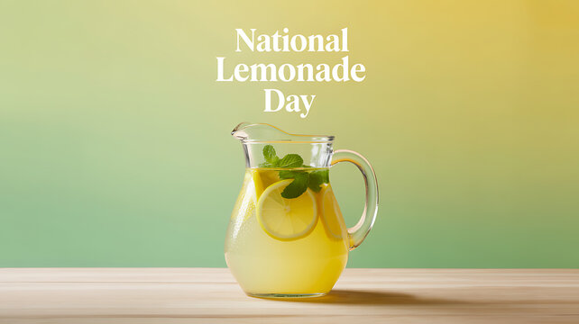 A glass pitcher filled with lemonade, garnished with lemon slices and mint leaves, set against a gradient green background for National Lemonade Day. - Powered by Adobe