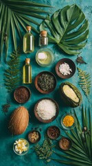 Professional top view of tropical wellness ingredients arranged artistically, 8K natural lighting, spa and health branding theme with copy space