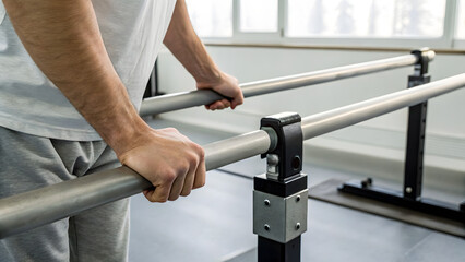 Advanced Gait Training Therapy A person grips parallel bars in a bright indoor setting, likely for physical therapy or exercise.