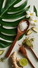Professional top view of tropical wellness ingredients arranged artistically, 8K natural lighting, spa and health branding theme with copy space