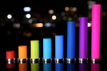 Colorful light columns arranged in ascending order against a blurred background at night