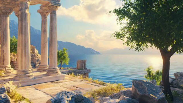 Sunlight shines through the ancient columns of a Greek temple by the sea, illuminating the ruins with golden warmth and reflecting the brilliance of classical architecture and Mediterranean history