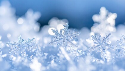 氷の上で輝く雪の結晶をマクロ撮影。繊細で透明感のある冬の自然美を捉えた写真で、寒さや清潔感、純粋さを表現する素材としても人気。