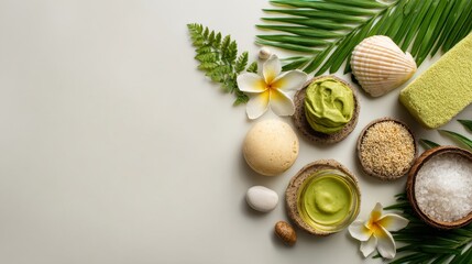 Professional top view of tropical wellness ingredients arranged artistically, 8K natural lighting, spa and health branding theme with copy space