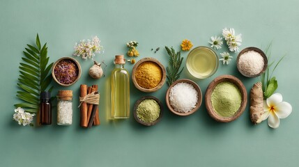 Professional top view of tropical wellness ingredients arranged artistically, 8K natural lighting, spa and health branding theme with copy space