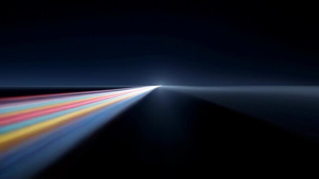 Vivid light trails rush towards a bright horizon in a mesmerizing abstract display