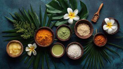 Professional top view of tropical wellness ingredients arranged artistically, 8K natural lighting, spa and health branding theme with copy space