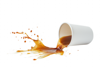 White cup spilling brown liquid isolated on a transparent background