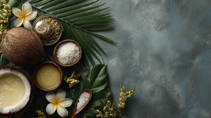 Professional top view of tropical wellness ingredients arranged artistically, 8K natural lighting, spa and health branding theme with copy space