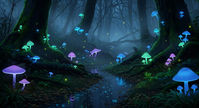 Moonlit forest glade with glowing mushrooms along a winding stream and bioluminescent hues. At dusk