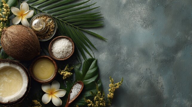 Professional top view of tropical wellness ingredients arranged artistically, 8K natural lighting, spa and health branding theme with copy space