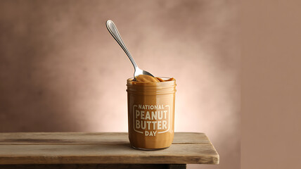 A jar of peanut butter with a spoon on a wooden table, labeled 'National Peanut Butter Day'