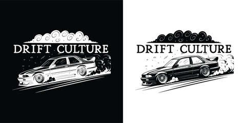 Drift car graphic with smoke and motion blur, text drift culture