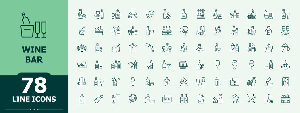 Wine bar line icon set. Vector outline icons collection. Editable vector stroke. Drink line icon set. Includes thin line symbols beverage, alcohol, vineyard, drink, wine glass and more.