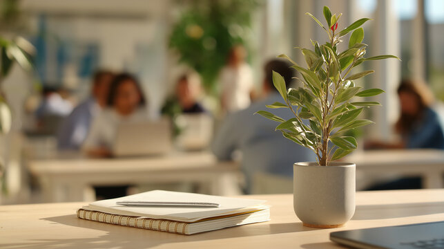 A plant, notebook, and pen with coworkers 