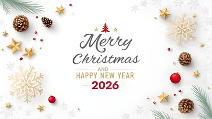 Merry christmas and happy new year 2026 with festive decorations and pine cones on white background