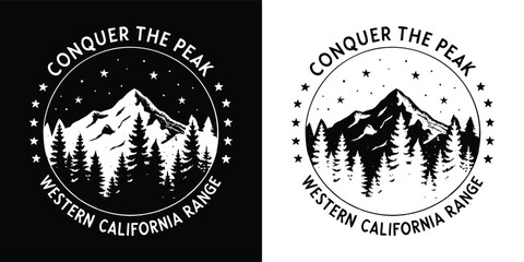 Obraz premium Vintage distressed emblem with mountain range and pine trees, text conquer the peak western california range
