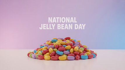 A colorful pile of jelly beans on a white surface with a gradient background celebrating National Jelly Bean Day