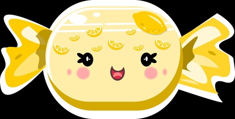 Cute cartoon lemon candy with a happy face. Ideal for sweets, kids' designs, and vibrant illustrations.