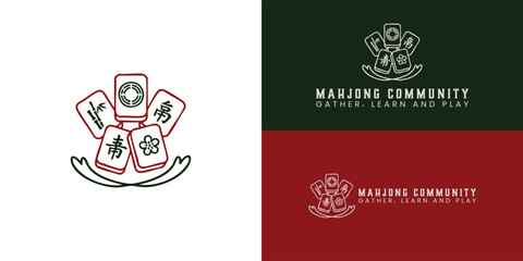 A playful arrangement of five distinct mahjong tiles, bamboo, circle, character, flower, and red dragon is fanned out above a subtle curve. This arrangement symbolizes the game's artistic beauty