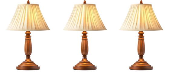 Three Elegant Lamps with Cream Shades and Ornate Wooden Bases on Transparent Background