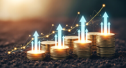 Stacks of gold coins rise as blue arrows ascend, dotted growth line tracing progress. Toward finance