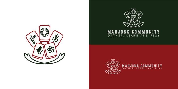 A playful arrangement of five distinct mahjong tiles, bamboo, circle, character, flower, and red dragon is fanned out above a subtle curve. This arrangement symbolizes the game's artistic beauty