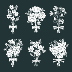 Bouquet of White Flowers silhouette on black background. Set of Vector Illustration.