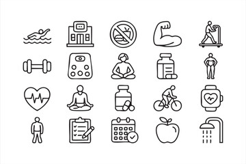 Black line fitness and wellness icon set for lifestyle and health design