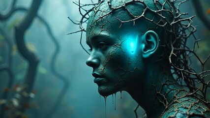 Ethereal Teal Forest Guardian With Thorny Crown And Glowing Energy On Face - Powered by Adobe