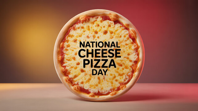 A cheese pizza with bold text reading 'National Cheese Pizza Day' displayed against a warm gradient background.
