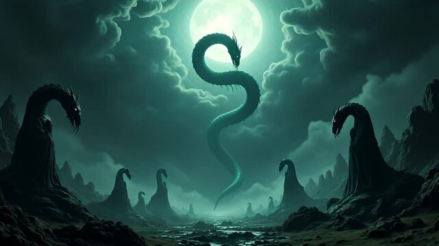 Mysterious Serpent Creatures Emerge Under a Giant Moonlit Sky Over a Desolate Alien Landscape with Dramatic Clouds