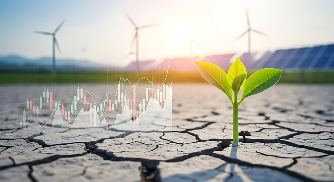 Cracked drought ground shelters a small green seedling, amid wind turbines and solar panels at dawn