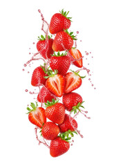 Vertical Composition of Red Strawberries and Juice Splash on Transparent Background