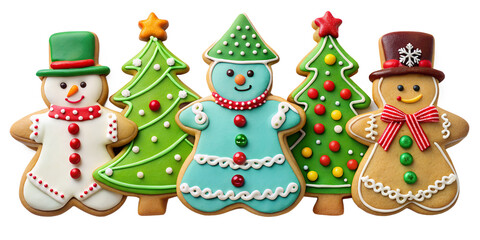 Festive gingerbread cookies shaped like snowmen and christmas trees isolated on transparent background