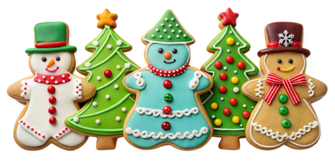 Festive gingerbread cookies shaped like snowmen and christmas trees isolated on transparent background