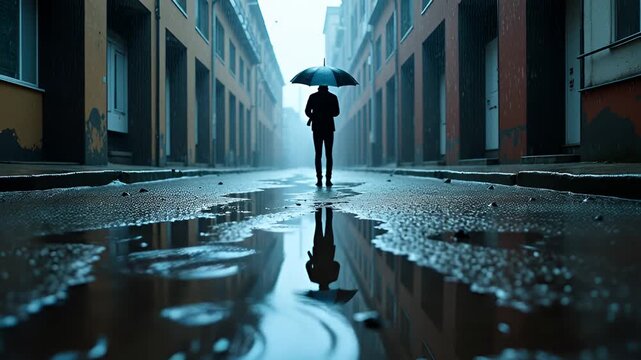 Solemn Man Holding Umbrella Standing on Wet Street Reflecting Buildings on Overcast Day