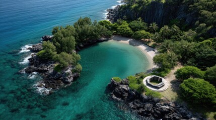Aerial View Of A Small Circular Island Cove With Lush Green Vegetation Rocky Outcrops And A Stone Structure In The Crystal Clear Turquoise Ocean Water