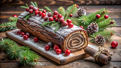 Festive yule log cake adorned with cranberries and pine branches on wood
