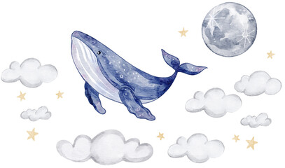 Watercolor Blue Whale in the Sky with Clouds, Stars, and Moon. Illustration for card, invitation, and kids wall art.