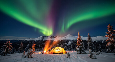 Aurora-lit snowy campsite with a glowing orange tent, pines, and a mountain backdrop under dim stars