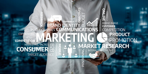 Explore a dynamic visual representation of marketing concepts showcasing strategies for brand identity, consumer engagement, and market research in a digital landscape. Tessel