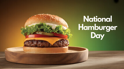 A classic hamburger with lettuce, tomato, cheese, and sauce on a wooden plate, celebrating National Hamburger Day