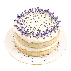 Layered Cake with Lavender Sprigs on White Plate Against Transparent Background