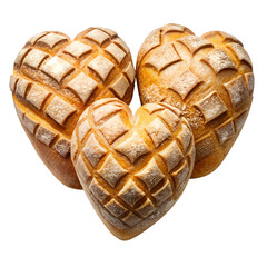 Three heart shaped concha breads with sugar powder isolated on transparent background