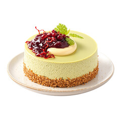 Round Pistachio Cake with Red Berry Topping on White Plate Against Transparent Background