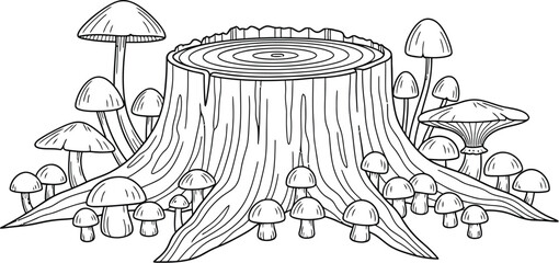 Tree stump mushrooms forest nature wood fungi woodland growth plant drawing art