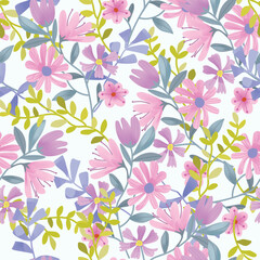 Beautiful pink violet flower and leaf seamless pattern